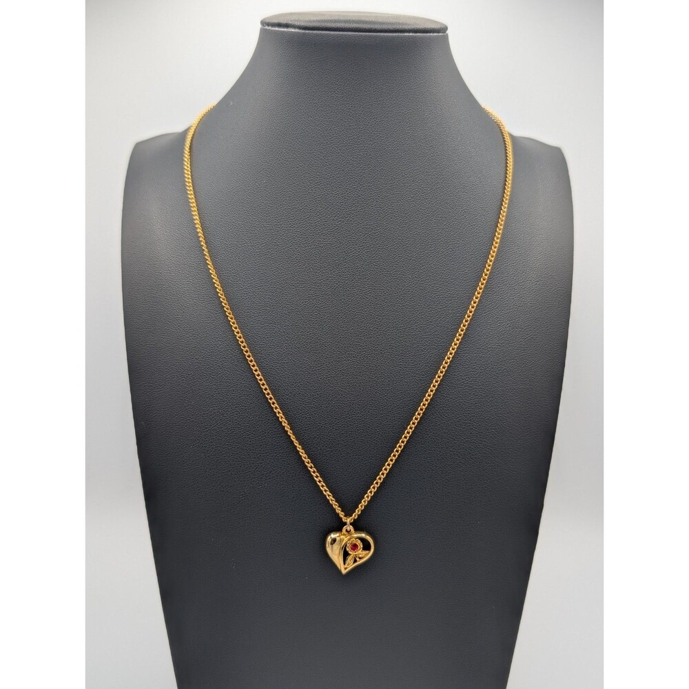 Vintage 90s Necklace Heart Flower Gold Tone Red Rhinestone Pendant Dainty Retro - Picture 4 of 10